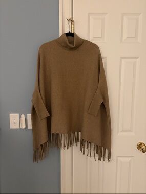 Turtleneck Fringe Poncho Sweater in Tan